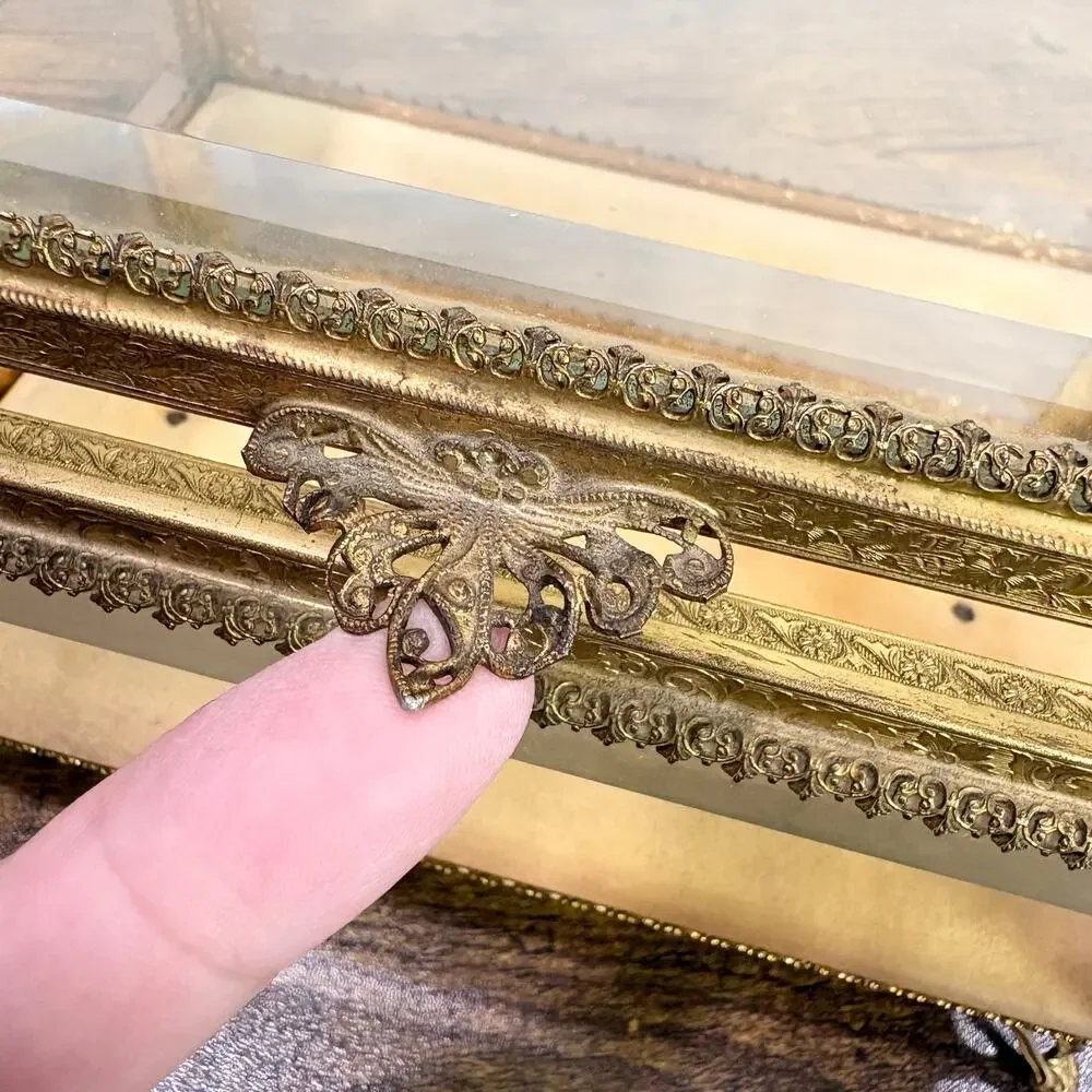 Vintage French Jewelry Box Footed Casket Ormulu Filigree Beveled Glass Regency